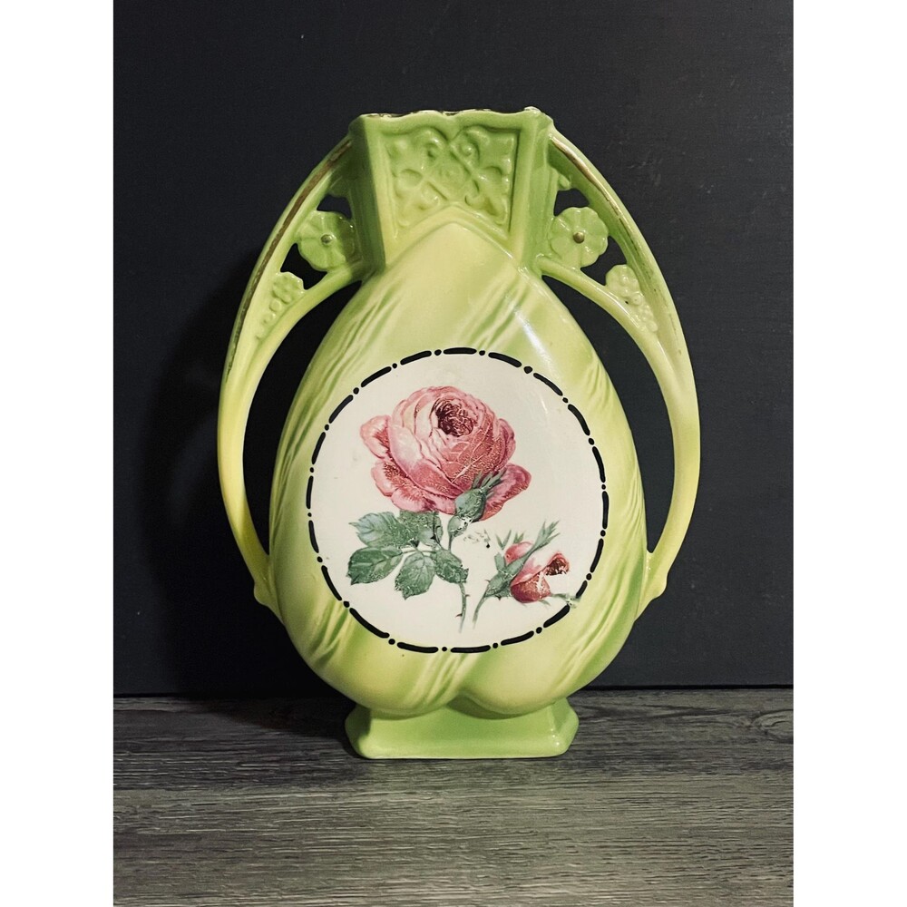 Vintage Green Pottery Vase Double Handle Pink Rose Floral Art Nouveau Style 8"